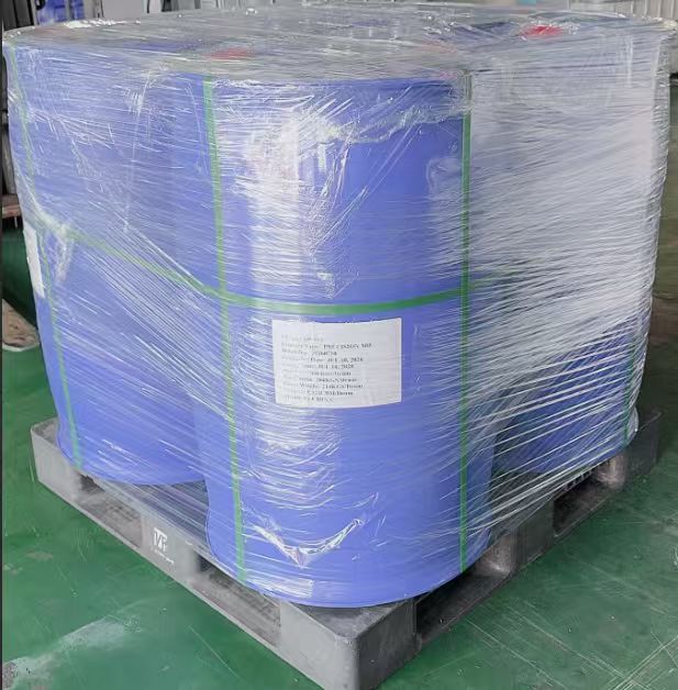 200 kg plastic drums secured on a wrapped pallet